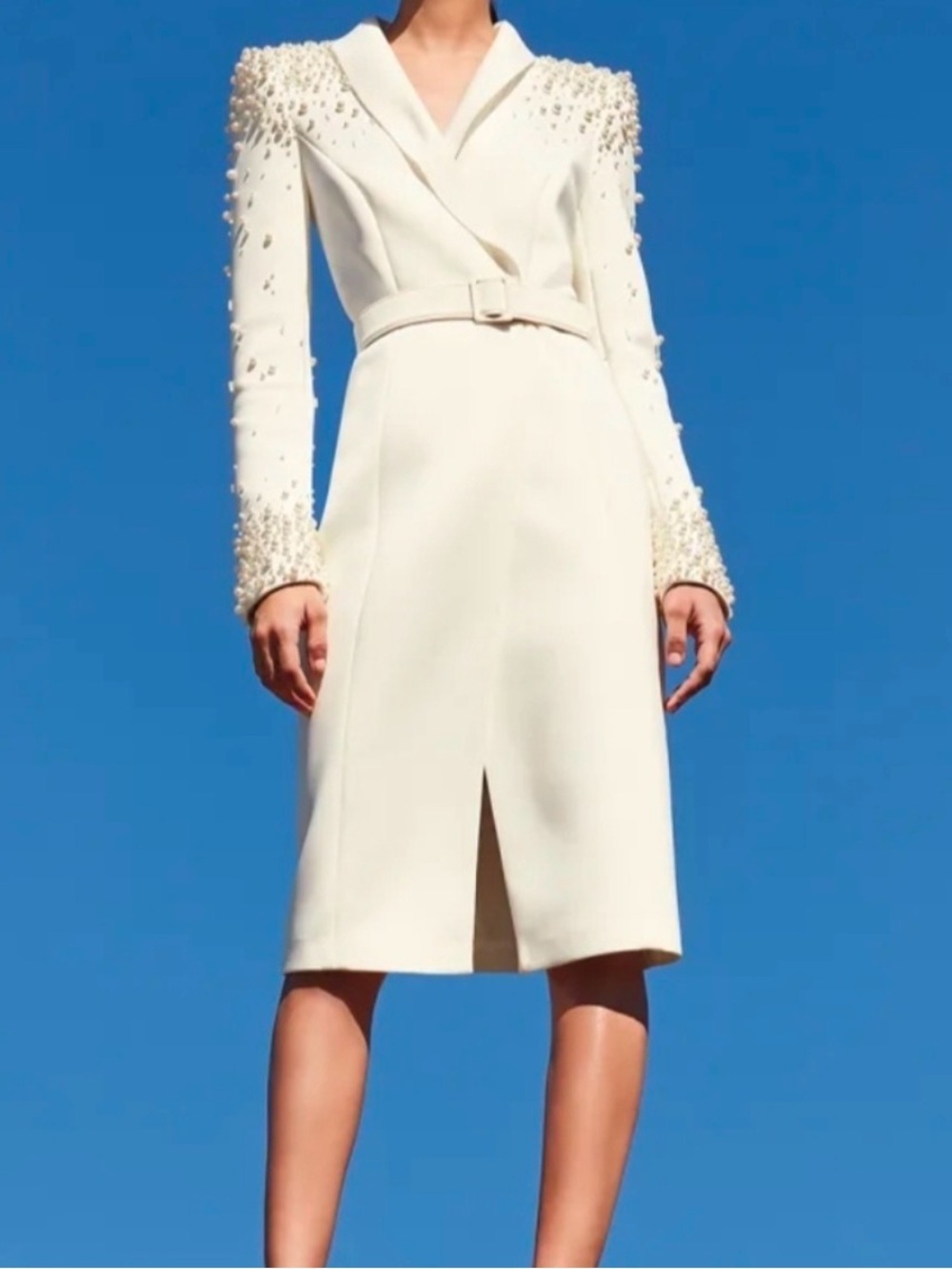 Badgley Mischka Ivory Pearl-Embellished Long Sleeve Scuba Coat Dresss